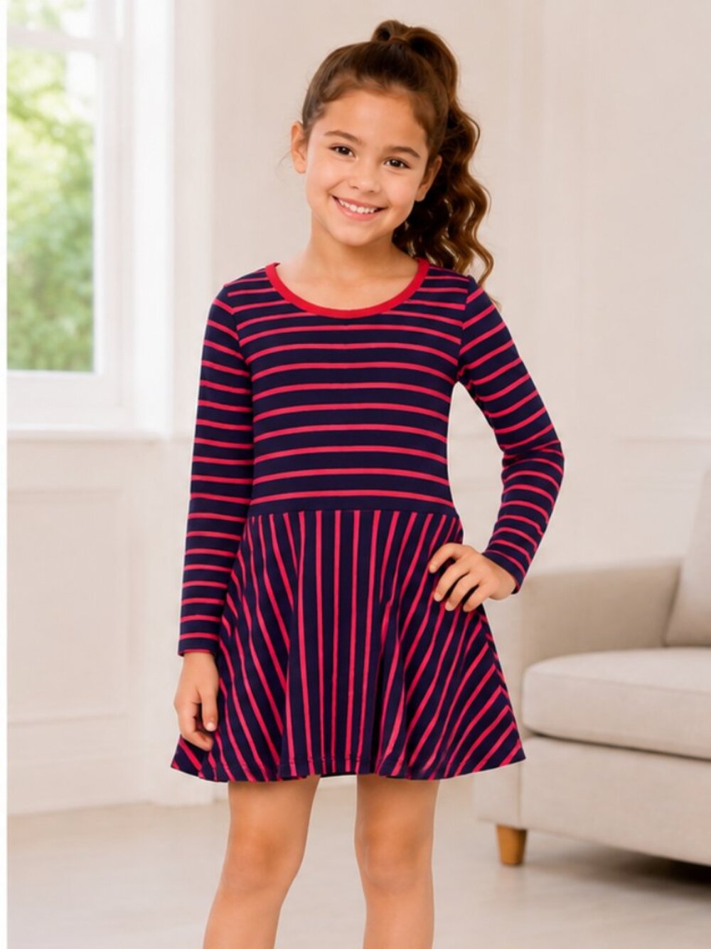 Joe Fresh Girls Navy Pink Stripe Skater Dress Size 6 Long Sleeve Like New